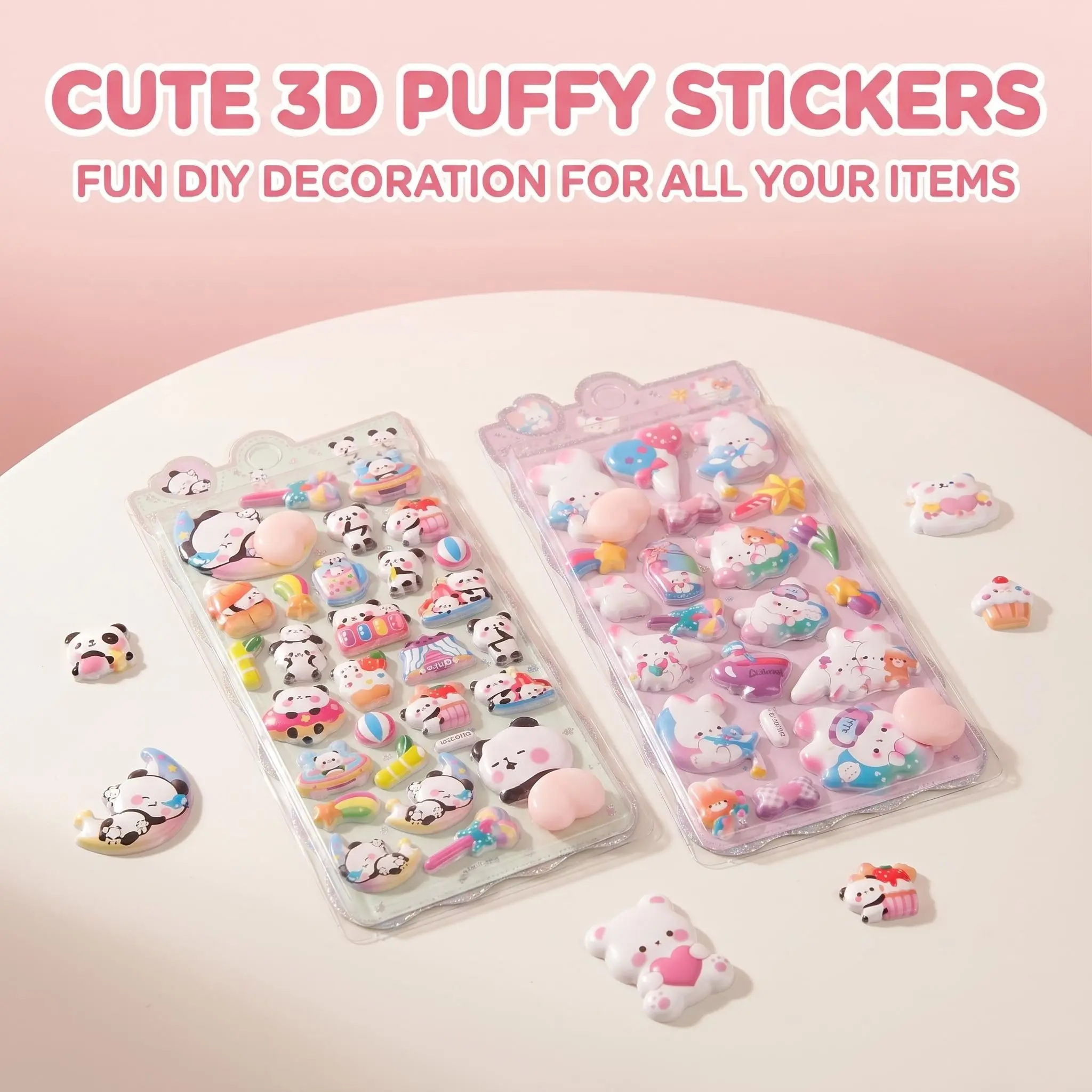 2 Sets Cute 3D Fuzzy Stickers, Adorable Panda and Rabbit Cartoon Bubble Stickers, Ideal for Kids DIY Crafts, Scrapbooking, Journaling, Classroom Rewards