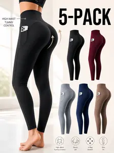 OKP Women's 5-Piece High-Waisted Butt Lifting Control Pocket Shaping Training Leggings, Comfortable Activewear for Fitness, Gym & All-Season Everyday Athletic Yoga Bottoms active wear Compression Pants