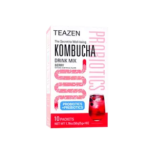 Teazen Kombucha Tea BTS Jungkook's Favorite - Korean 0 Sugar Mixed Berry Flavor, 10 Sachets, Probiotics & Prebiotics, Low Calorie (15 kcal/serving)