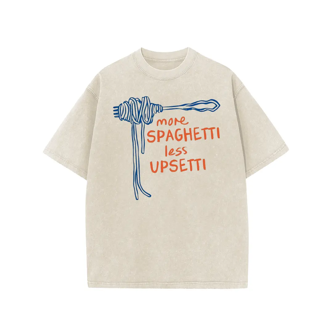 Women's "More Spaghetti Less Upsetti" Graphic Short-Sleeve T-Shirt - Vintage Acid Washed 100% Cotton Crewneck Essential Everyday Fit Stylish Breathable Top