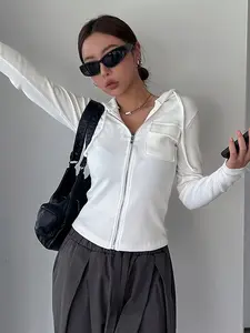 Women's Casual Fashion Slim Fits Lady Short Sleeve Hooded Jacket, Pure Color Ribbed Pocket Zipper Long Sleeve Coat, Stylish and Comfortable Lightweight Outerwear Womenswear Everyday Jackets