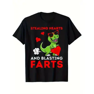 Boys' Cotton T-Rex Dinosaur Graphic Tee - Animal-Themed, Character-Themed, Soft Short-Sleeve, Regular Fit, Slight Breathability, Black with Green Cartoon Design, "Stealing Hearts and Blasting Farts" Print, Ideal Gift, Animal-Themed Boys' T-Shirts, Charact