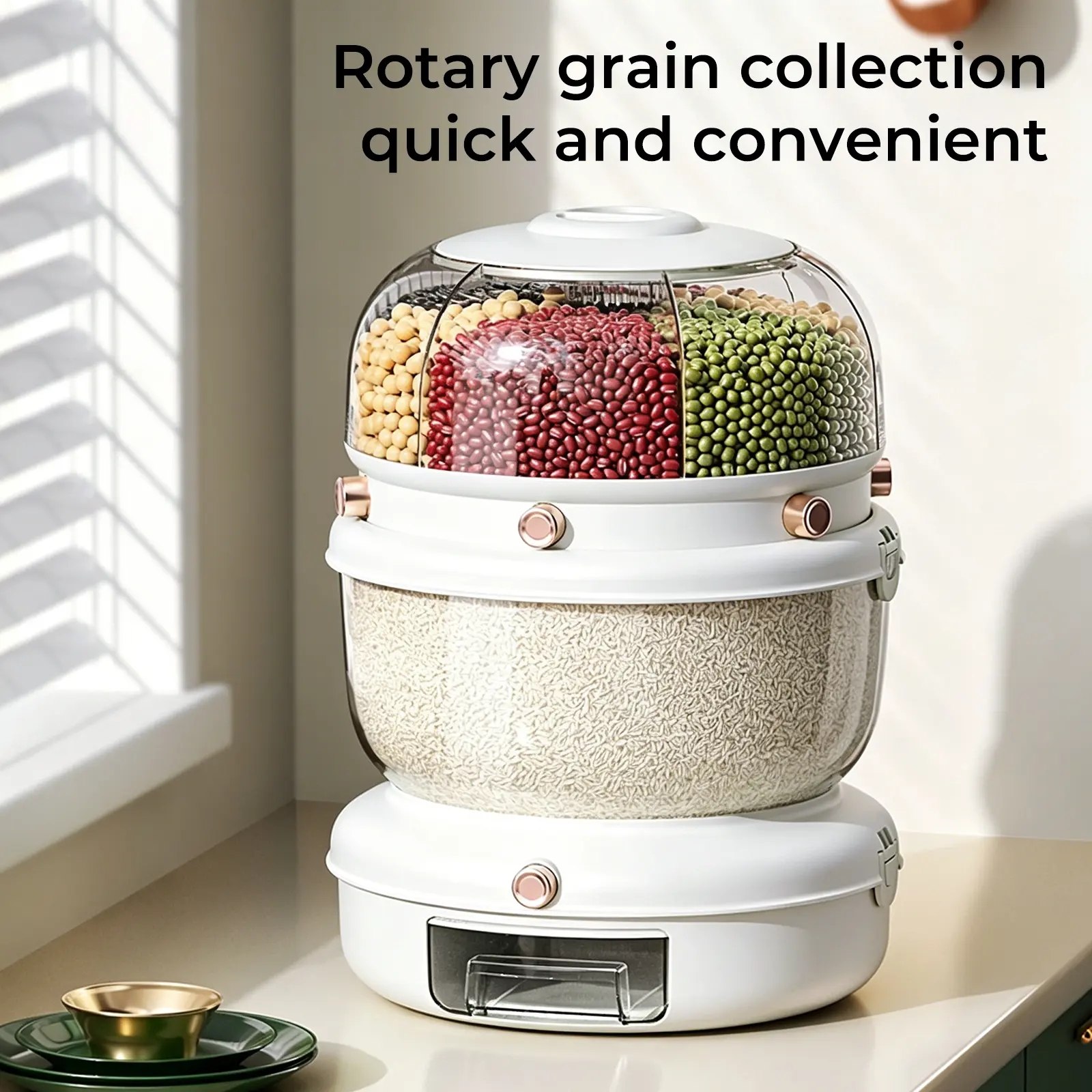 360° Rotating Double Layer Grain Dispenser | Airtight Rice & Cereal Storage Container, 6-Compartment, Pest & Moisture Proof, Auto Dispense for Kitchen Pantry Organization