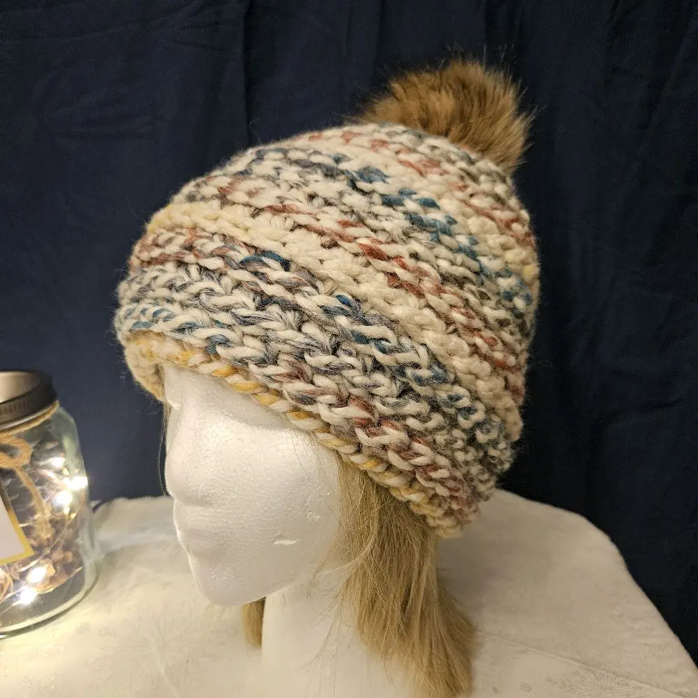 Chunky Crochet "Hudson Bay" Beanie with Brown Pom Handmade Cozy Winter Hat for Adult Size Soft Stretchy Warm Yarn