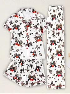 Three-Piece Leopard Print Bow Cherry Pajama Set for Women, Casual Loose-Fit Sleepwear, Comfortable Home, All-Seasons