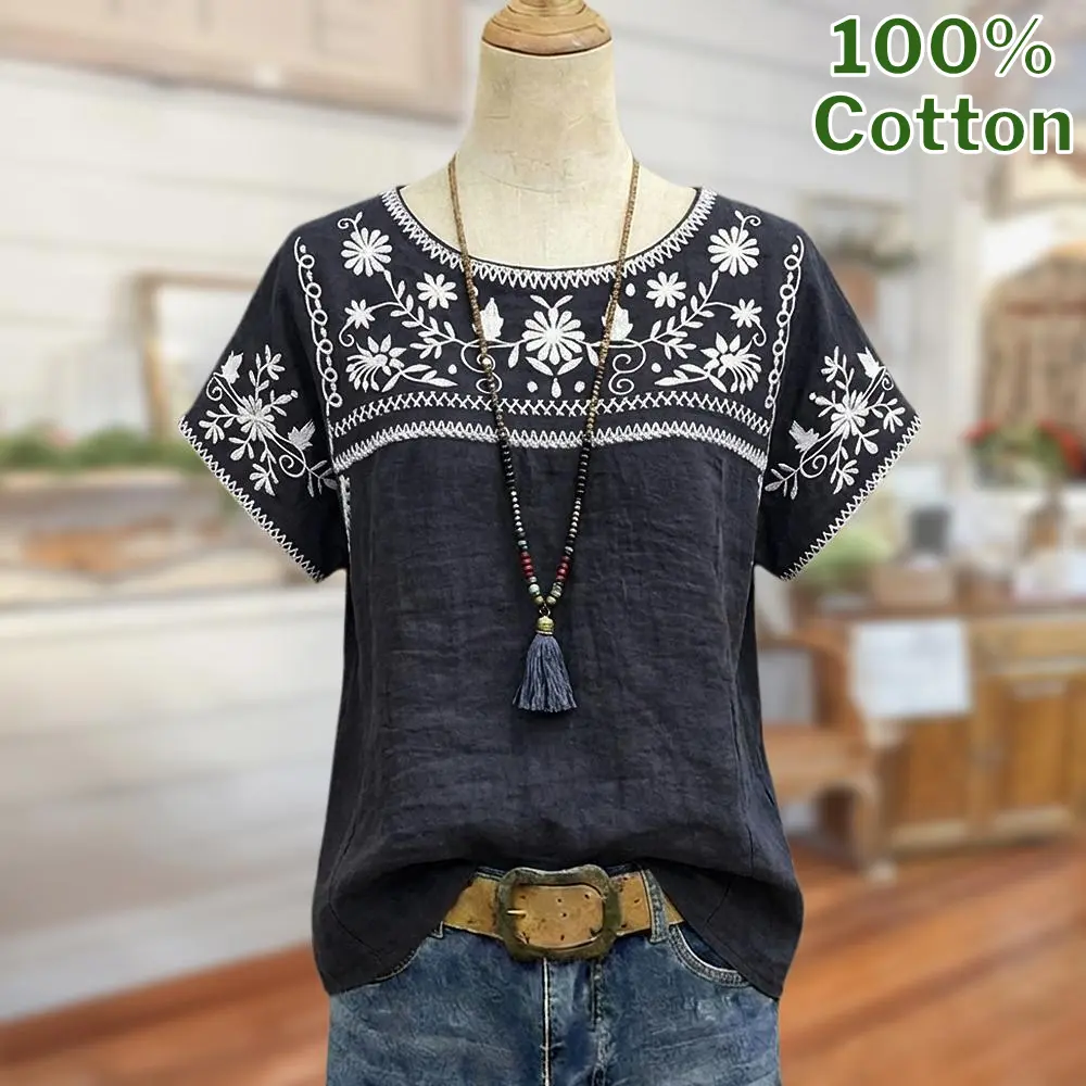 Sage Vell 100% Cotton Navy blue Floral Embroidery Ethnic Round Neck T-Shirt Cap Short Sleeve Loose Fit Boho Casual Top For Daily Vacation Beach Office Wear