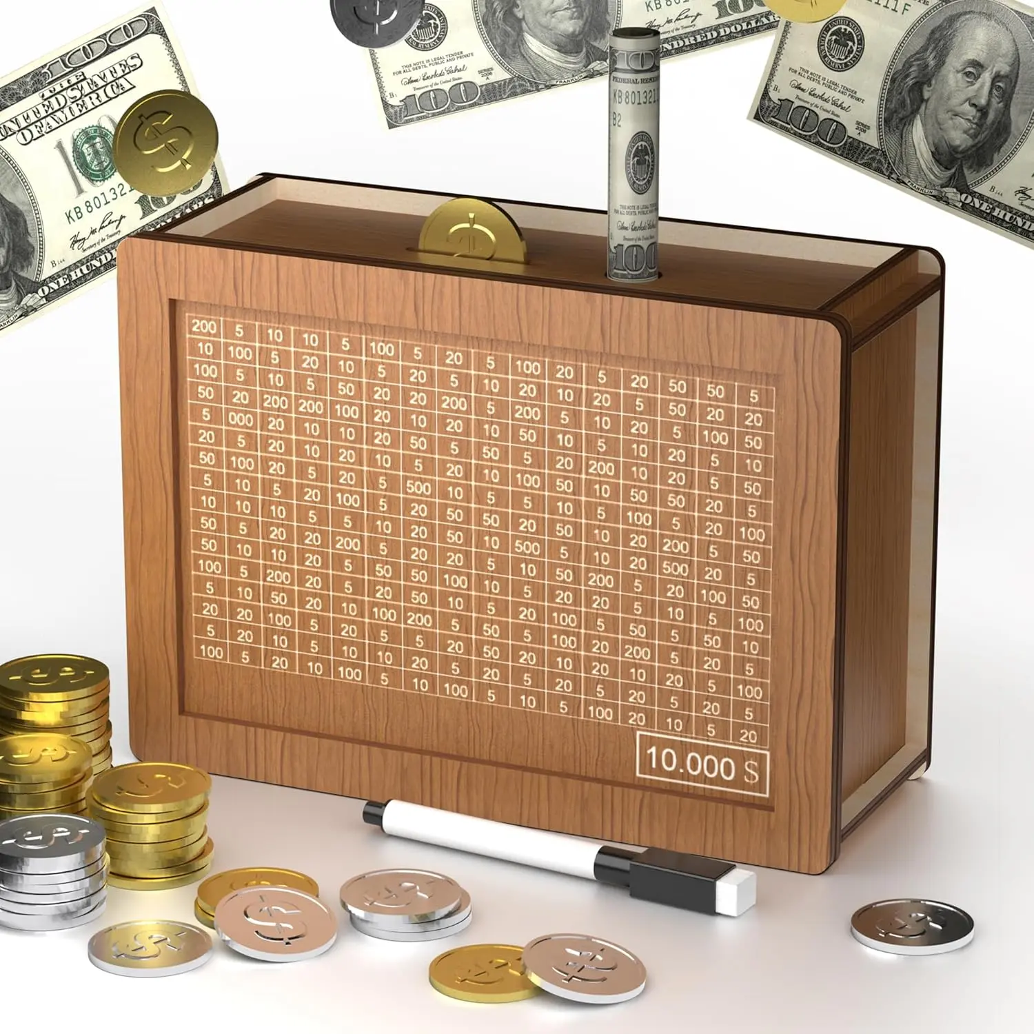 [New Deal] 10000 Savings Challenge Wooden Piggy Bank - Decor Room Money Organizer Box, Coin Bank for Adults & Kids, Gift-Worthy Home Supplies