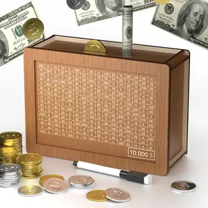 [New Deal] 10000 Savings Challenge Box - Wooden Savings Box for Adults & Kids, Coin Banks Caja De Ahorros, Money Saver Box