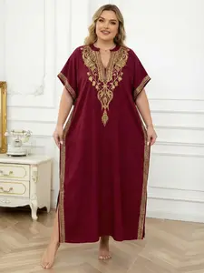 EDOLYNSA Wine Red Kaftan Dress lounge wear Embroidered Plus Size Women's house robe comfy bathing suit cover up elegant daily wear Homewear split hem party dress Q1735 Muslim Women Gowns
