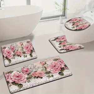 Mother's Day Pink Rose Bathroom Rug Set 4 Piece, Non-Slip Absorbent Floral Bath Mats with U-Shaped Toilet Mat & Lid Cover, Vintage Lace Flower Bathroom Decor Gifts for Mom, Machine Washable
