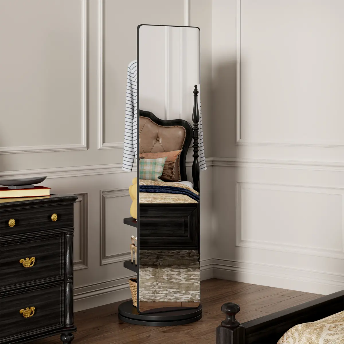 360° Rotating 66"x17.8" Multifunctional Full Length Mirror with Hook Storage Rack Coat Rack with Mirror Solid Wood Floor Mirror Bedroom Living Room Cloakroom Space Saving(black)