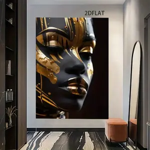 Elegant Woman With Golden Lips Canvas Wall Art – Modern Black & Golden Abstract Decor For Home, Office, Bedroom, Living Room, Bathroom, Hotel Lobby, Cafe, And More, Versatile Room Art | Artistic Wall Piece | Sophisticated Decor