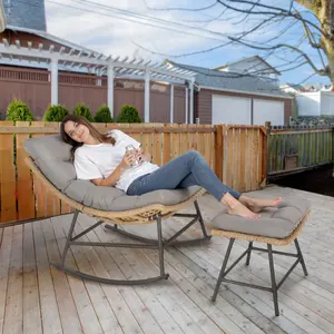 PHI VILLA Outdoor Papasan Chairs with footstool, Oversized Wicker Rocking Chair with Cushion, Double Comfy Conversation Chairs Furniture for Apartment, Porch, Deck, Balcony Bean Bag Lounge