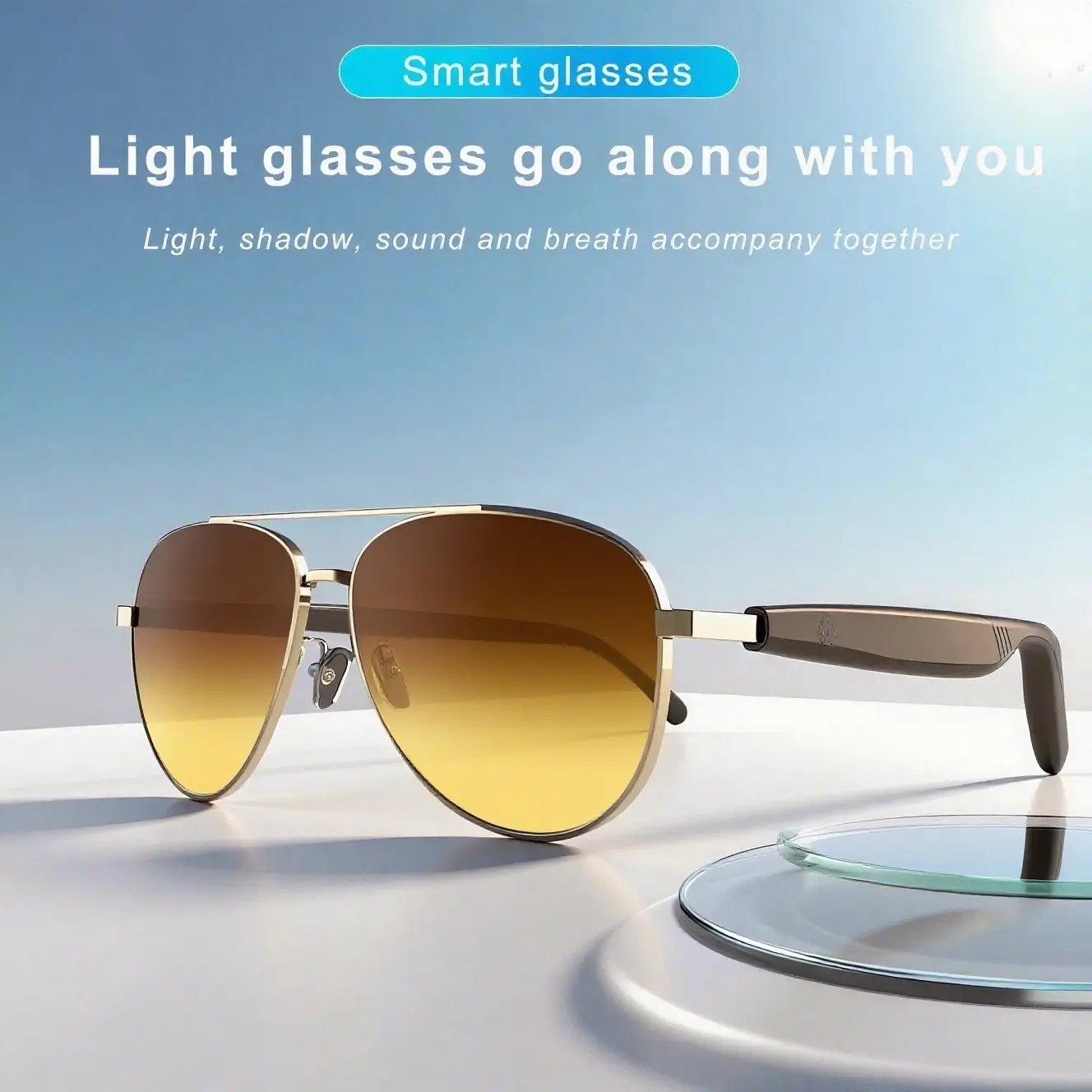 SG13 Multifunctional Smart Glasses - Wearable Smart Glasses with Bluetooth Open-Ear Speaker, Microphone, Voice Control, Hands-Free Calls, Music Player, Casual Brown-Yellow Gradient, Lightweight Unisex Design, Batteries Included