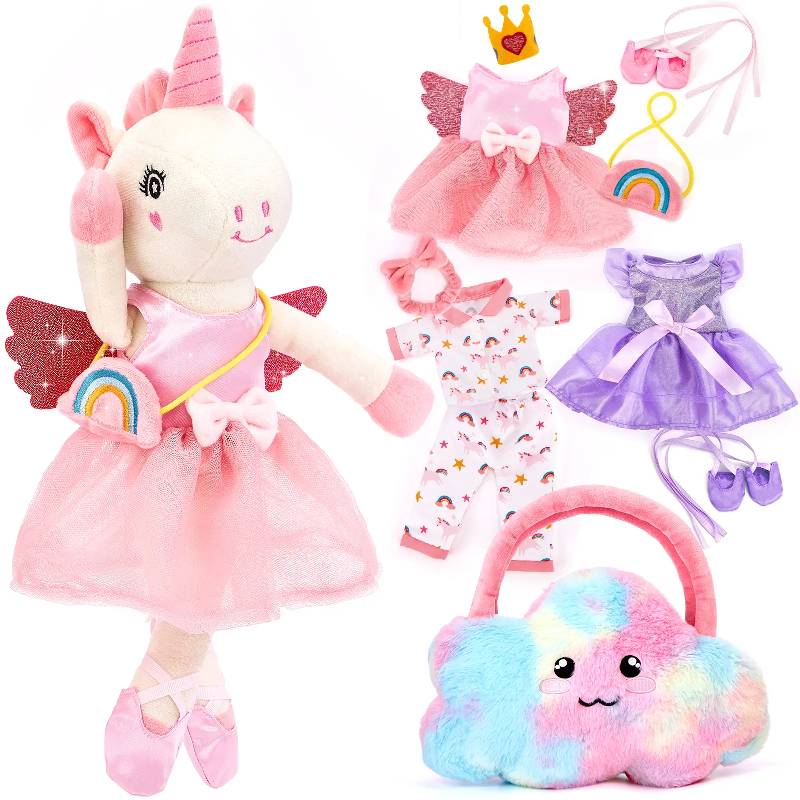 hahaland Preschool Ballerina Unicorns Plush Toys, 3 Set Clothes with Rainbow Cloud Plush Bag, Kids Toy Birthday Gifts for 2-4 6 Year Old.Dance Recital Gifts, Graduation Gift Cute Stuffed Animal Soft Adorable Stuffed