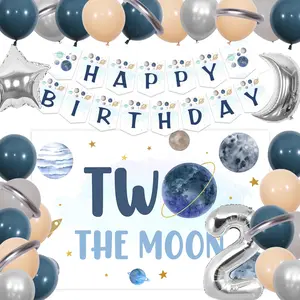 1Set Two the Moon Birthday Decorations Boys Navy Blue Outer Space Themed 2anniversary Backdrop Banner Kit with Moon Star Planet Foil Balloons for Baby 2anniversary Solar System Birthday Party Supplies