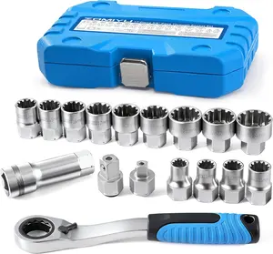 3/8” & 1/2” Pass Through Socket Set, 17-Piece Metric 12-Point Go-Thru Sockets with 2-in-1 Ratchet (72-Tooth), Adapter, Extension Bar & Sturdy Case, CR-V Steel