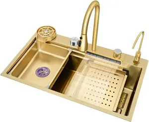 Bronstarz 29.5*18 INCH Gold Flying Rain Drop In Stainless Steel Watefall Kitchen Sink  Single Bowl w Pull Down Faucet Set