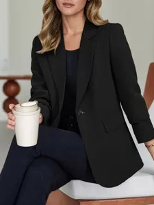 Women's Casual Elegance Chic Style Slimming Fitted Blazer Set with Shorts, Pure Color Long Sleeve Design, Perfect for Daily Wear, Womenswear