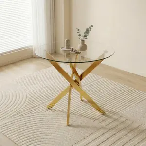 35.5-Inch Tempered Glass Round Dining Table, Modern Gold Legs, Space-Saving, Easy Assembly, for Dining Room, Kitchen, Apartment, Gold