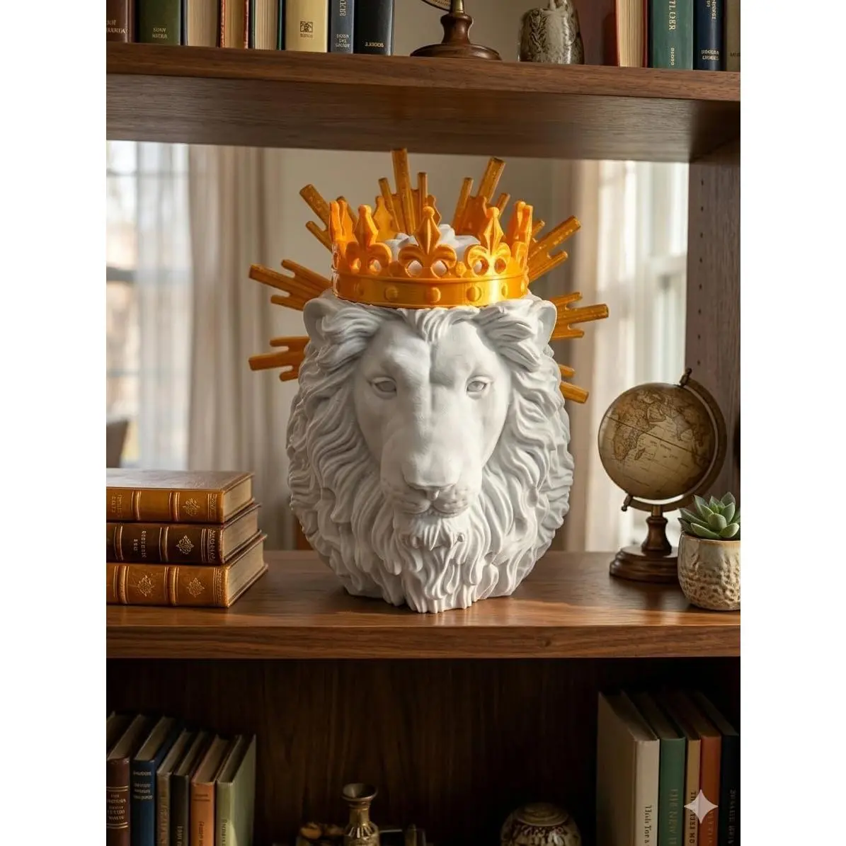 Majestic Lion Sculpture, 3D Printed Decorative Figure, Gold Crown, White, 6" H x 6" W x 6.5" D, Home & Office Decor