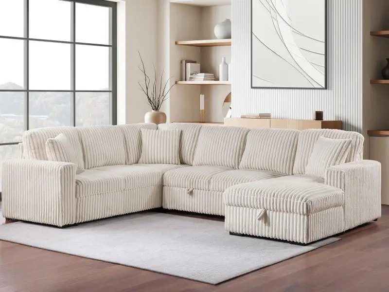 COASTER 3-Pc Devonshire Camel Corduroy Fabric Armless Sectional Sofa (501205) - 122" x 96.75" x 39.25" h, Corduroy Finish, Storage Chaise, Pop-Up Sleep Area, Assembly Required for Living Space Comfort & Style