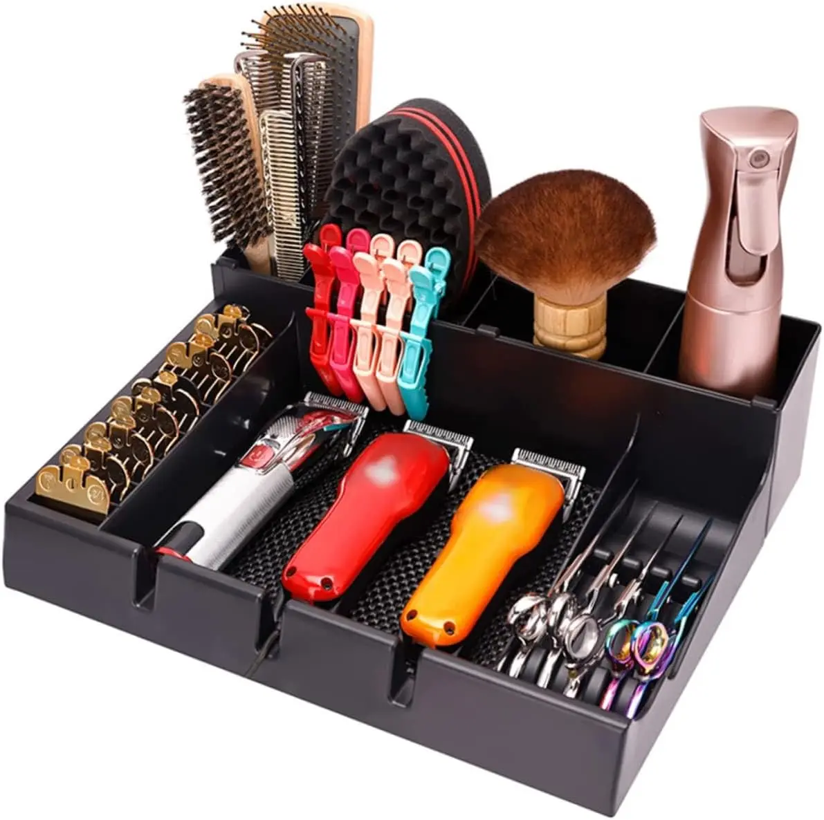 Black Beauty Organizer - Professional Barber Stylist Tool Box with Clipper Trimmer Holder, Scissors Storage Case, Portable Tray & Notches for Haircut Razor (Gift Option)