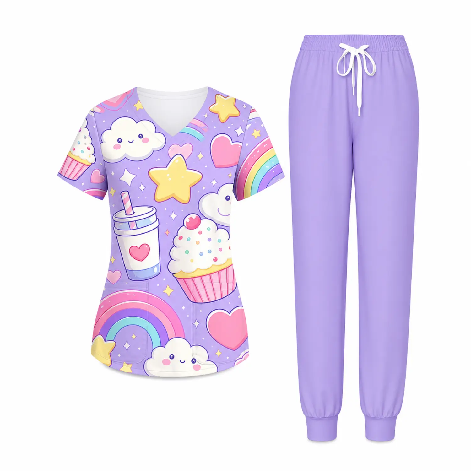 Purple Printed V-Neck Nurse Scrub Set for Women - Short Sleeve Top and Drawstring Pants, Comfortable Uniform
