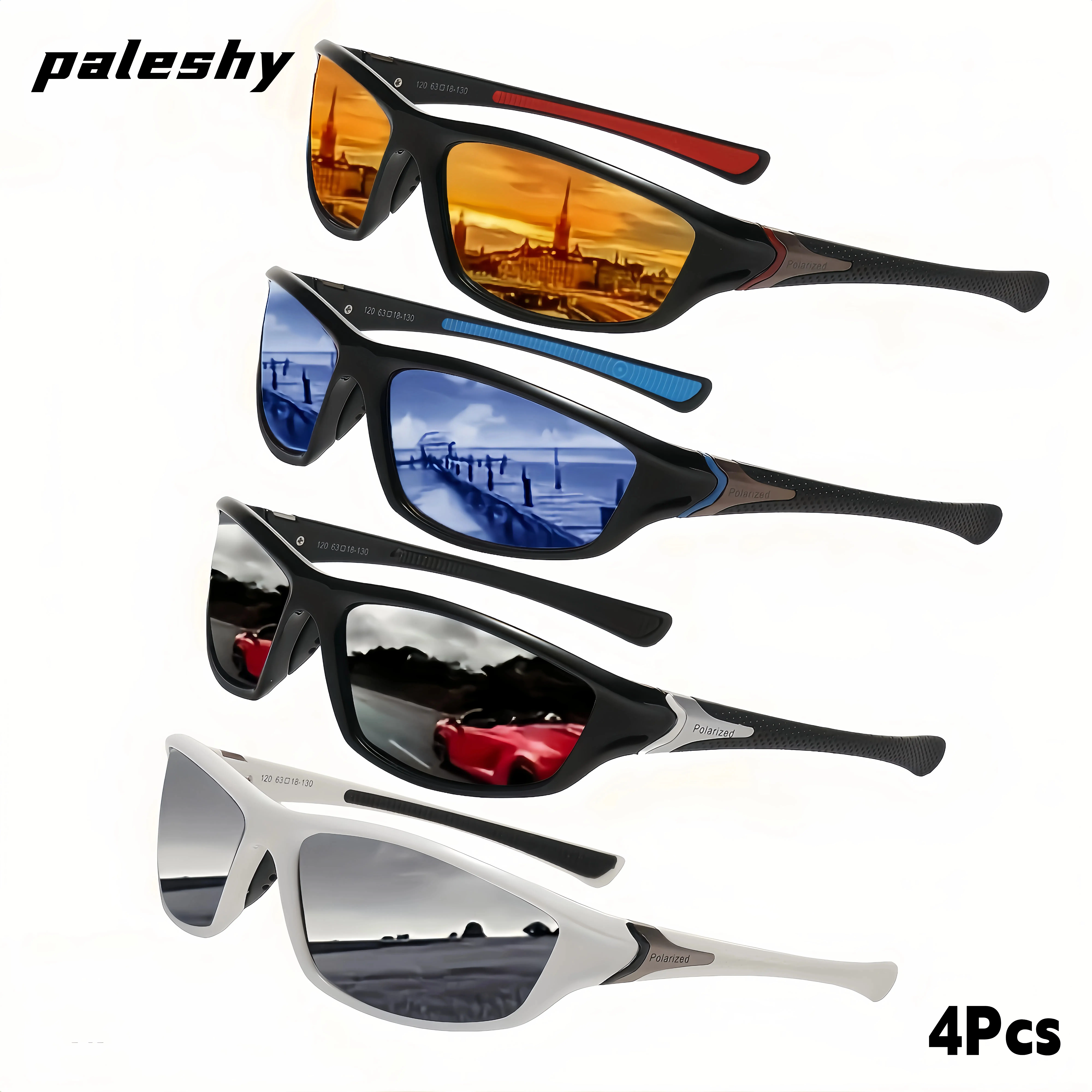 Paleshy 4-Pack Unisex Polarized Sports Biking Sunglasses, UV400 Protection, Wrap-Around Design, Carbon Fiber Frame, Ideal for Cycling, Driving