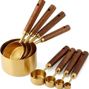 8-Piece Stainless Steel Measuring Cup and Spoon Set with Wooden Handle, Hanging Holes, Metric & US Dual Measurements, Stackable Kitchen Accessories for Pastry & Daily Cooking, Polished Silver/Gold Finish