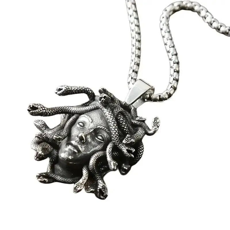 Unisex Vintage Medusa Snake Goddess Couple Pendant Necklace - Gothic Mythological Statue Jewelry, Sports & Outdoor Protective Gear Accessory for Halloween Gift, No, Retro