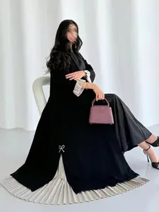 Commute Party Pleated Patchwork Abaya, Pearl Bow Loose Fit Long Outer Robe, Muslim Luxury Women's Clothing, All Seasons