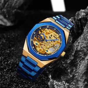 Classic handsome fashion party round dial men's mechanical watch waterproof hollow daily decorative men's watch exquisite men's birthday gift with box Stainless Steel Wristwatch