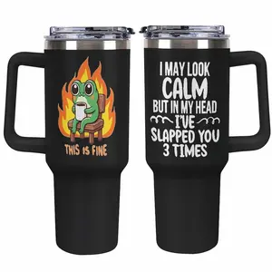 Funny Frog "This is Fine" Tumbler with Handle, 40oz Stainless Steel Travel Mug, "I May Look Calm But In My Head I've Slapped You 3 Times" Funny Frog Tumbler, Sarcastic Frog Meme Travel Mug, 40oz Large Coffee Cup, Gift for Coworkers, Friends, & Coffee Love