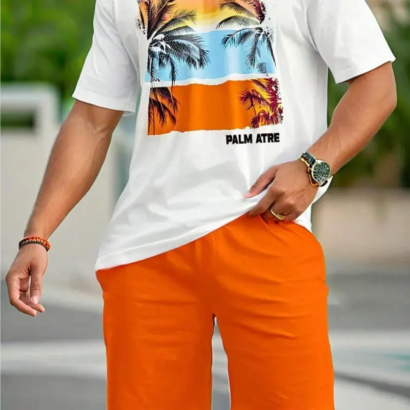 Men's Regular Fit Palm Tree Print Graphic Round Neck Tee, Casual Short Sleeve Crew Neck T-shirt for Summer, Fashion Men's Top for Daily Wear, Tropical, Coastal Aesthetic Tee, Breathable Casual Clothing, Breathable Menswear, Breathable T Shirts