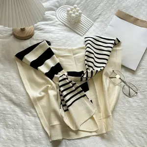 Spring And Autumn Shawl with Black And White Stripes, Versatile And Stylish, Popular Oversized Neck And Shoulder Cover. triangle  scarf moss  stitch sophie