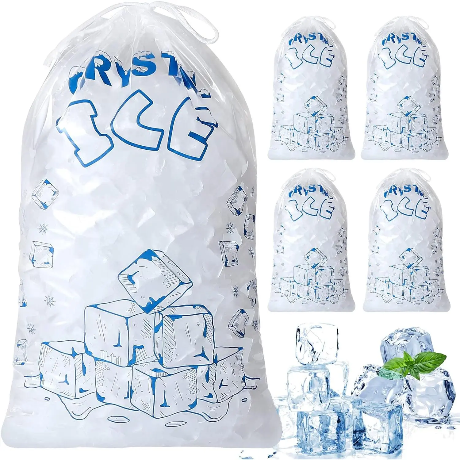 Ice Bags 8 lb with Drawstring, 50 Count Ice Bag for Ice Machine, Heavy-Duty Reusable Ice Cube Bags, Portable Storage and Freezer Keeper