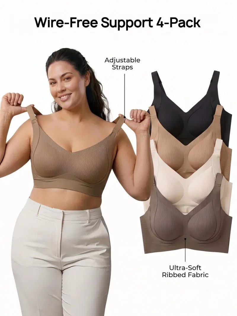 4PCS Seamless Push-Up Jelly Bra | Plus Size Wire-Free Ribbed Everyday T-Shirt Bralette | High Stretch, Ultimate Lift & Soft Sleep Comfort (M-4XL)