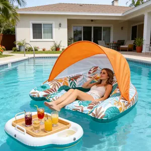 Pool Float with Canopy, Cup Holder-Pool Chair Lounge Float with Adjustable Sun Shade Cover, Drink Holder, Ergonomic Headrest,Inflatable Pool Float for Adults Exquisite Mother's Day gift