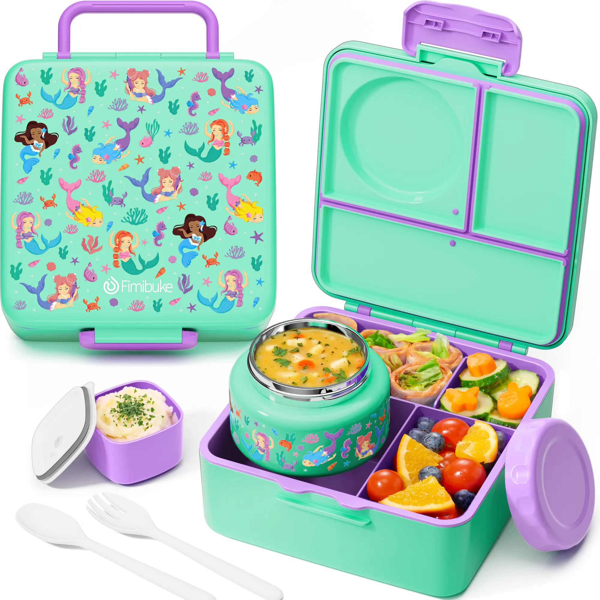Fimibuke Bento Box - 3-4 Compartment 60oz Toddler Insulated Lunchbox Cooler, 8oz Leakproof Thermal Food Jar, Sauce Jar, Utensil, BPA-Free, Dishwasher-Safe, Freezer-Safe, Lightweight, Funny Patterns, Back to School Gift