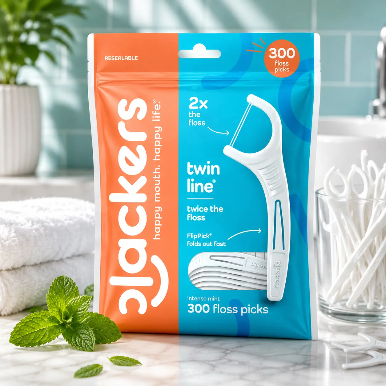 Plackers® Twin Line® Floss Picks with Tuffloss® Fiber & FlipPick®, Intense Mint, Double-Line Flosser for Effective Plaque Removal, 300 Count