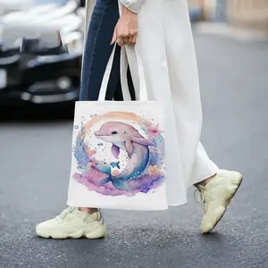 Cute Dolphin Illustration Canvas Tote Bag for Women Large Capacity Shoulder Bag Fashionable Shopping Bag Casual Daily Handbag Eco Friendly Reusable Beach Bag Lightweight Travel Purse with Ocean Animal