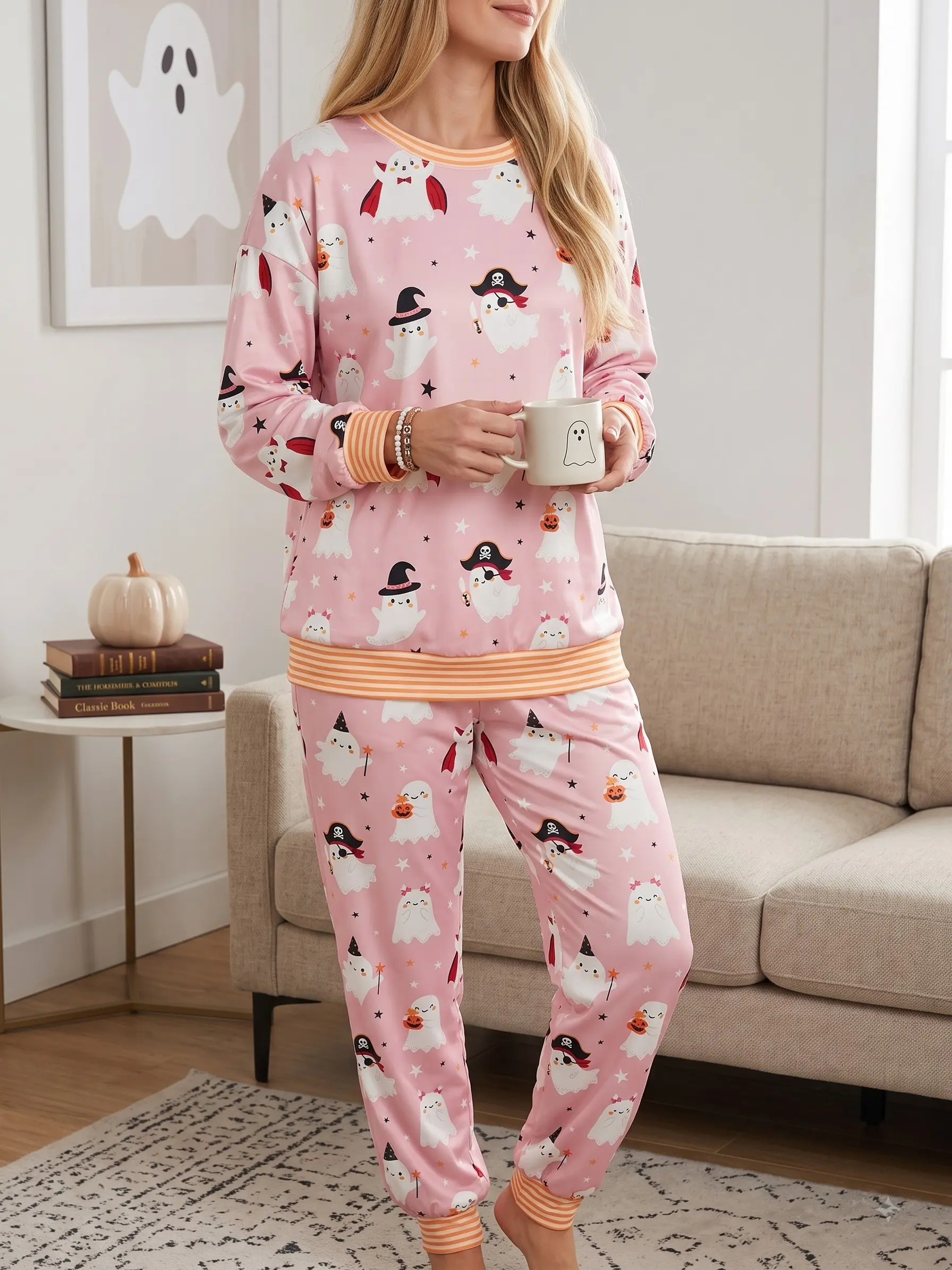 Women's 2-Piece Pinkoween Ghost Lounge Set - Retro Striped Jogger Sweatsuit, Pocket-Free Spooky Fall OOTD Outfit