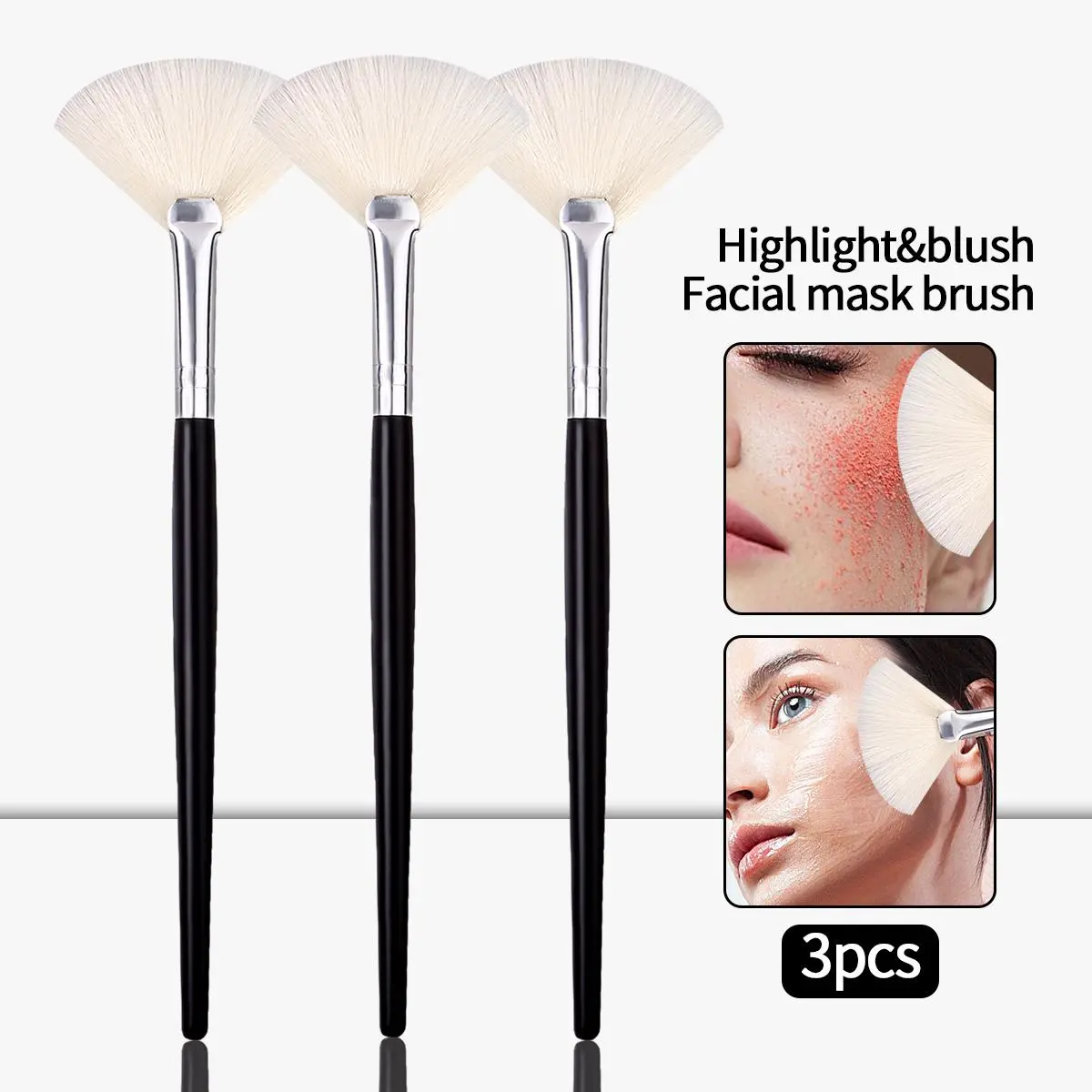 3PCS Wooden Handle Soft Fan Brushes for Highlighter Blush and Contour, Versatile Makeup Tool for Creating Dimensional Looks, Soft Cosmetic Brushes, Face Makeup Brushes, Multifunctional Makeup Brush