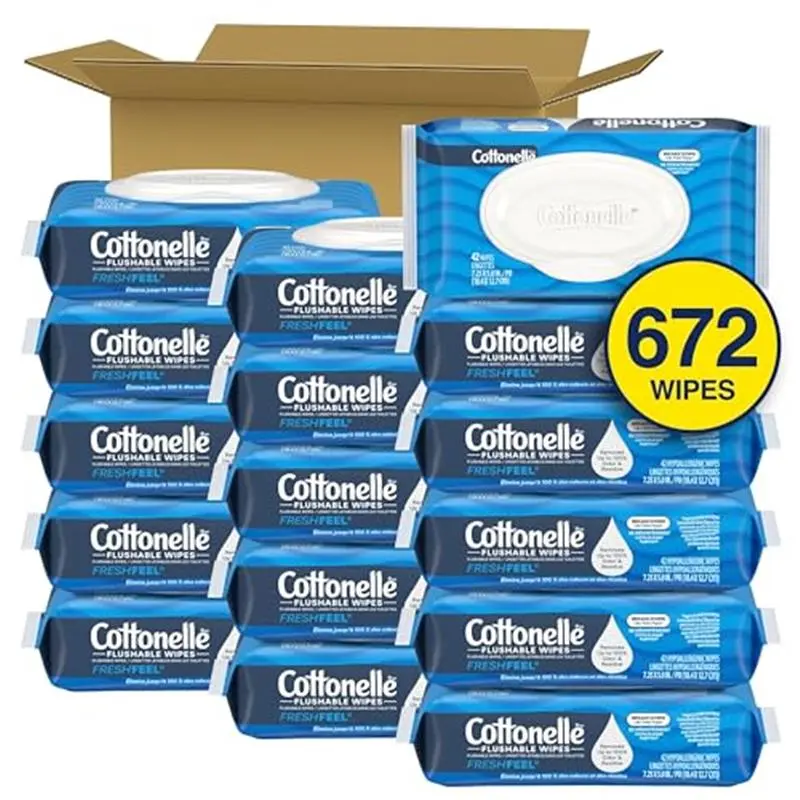 42 Wipes Per Pack Fresh Feel Flushable Wet Wipes, Adult Wet Wipes, 16 Flip-Top Packs, (672 Total Wipes), Packaging May Vary