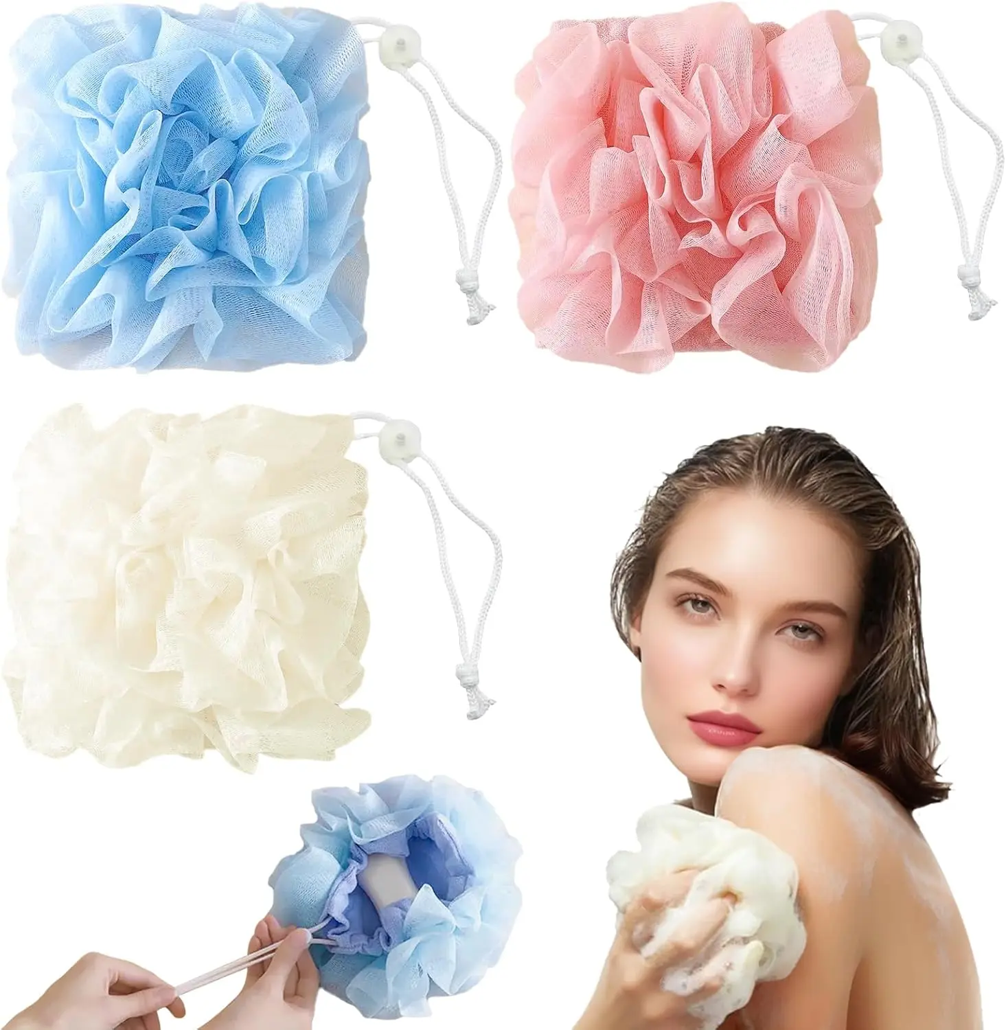 3-Piece Exfoliating Shower Scrubber Set - 2-in-1 Bath Loofah Washcloth Combo with Bar Soap Pouch, Pink Beige Blue Home Bath Supplies for Party Gifts