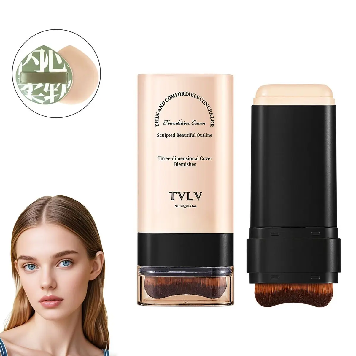 2-in-1 Long-Wearing Concealer & Foundation Stick with Built-in Brush, Hydrating, Lightweight, All Skin Types Friendly, Waterproof, Full Coverage, Airbrush Look Makeup for Adults, Corrects Uneven Skin Tone + Free Powder Puff Flawless Gentle