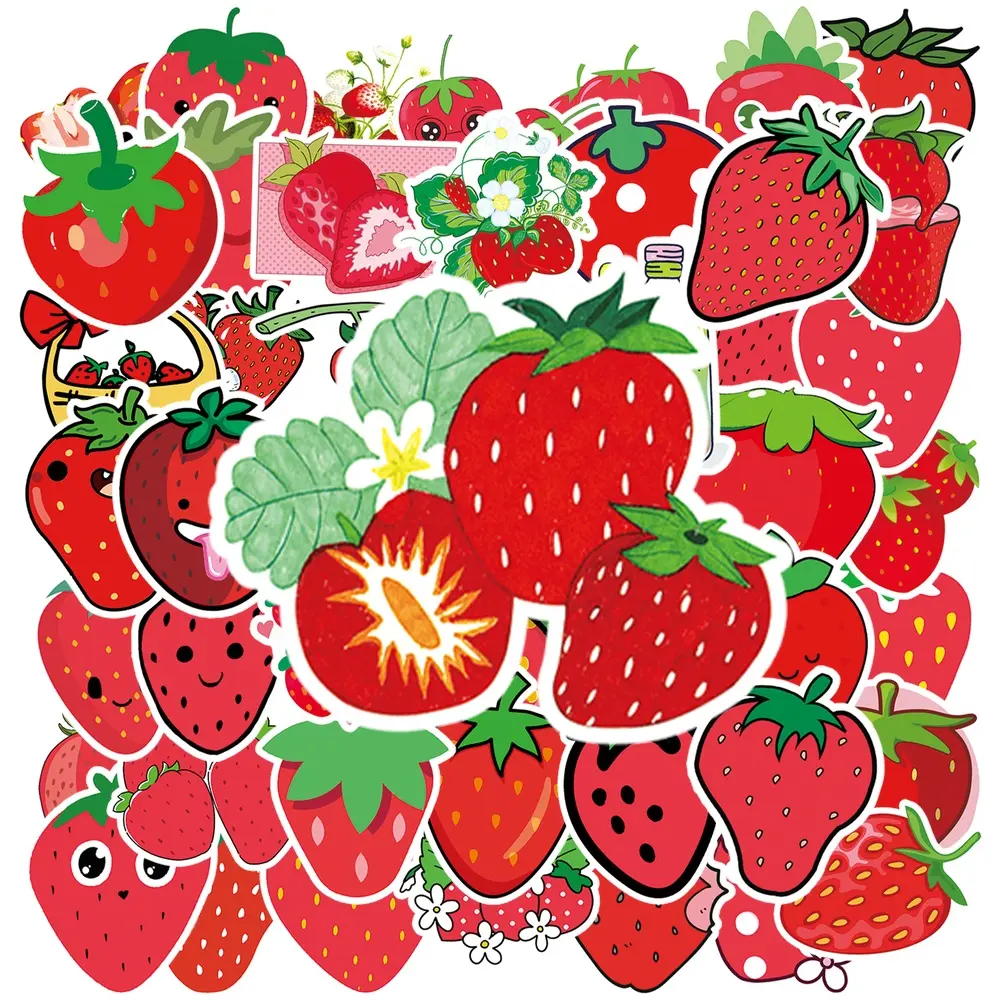 50Pcs Cute Strawberry Vinyl Stickers, Aesthetic Fruit Decals, Waterproof Kawaii Strawberry Stickers for Car Window Dashboard, Water Bottle, Laptop, Skateboard, Luggage, Phone Case, Sweet Fruit Decor Sticker, Gift for Girls Teens Kids Sticker Lovers