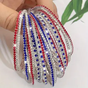 15Pcs Patriotic Red, White & Blue Rhinestone Stretch Bracelets For Women - Silverly Plated Copper Elastic Bangles For Daily Wear - Simple, Vacation Style Jewelry - Suitable For 4th Of July Independence Day Gift