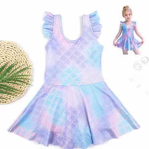 Cute Style Girls' One-Piece Swimsuit - Shimmery Blue-Purple Gradient, Fish Scale Pattern & Ruffled Lace Trim